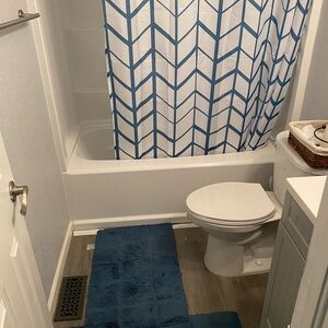 Blue Chevron Shower Curtain and Bath Mat Set